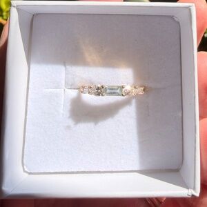 10K Solid Gold Aquamarine & Moissanite Dainty Ring | Emerald Cut | Stackable